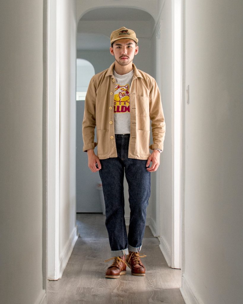 Chore coat jeans and red wing moc toes