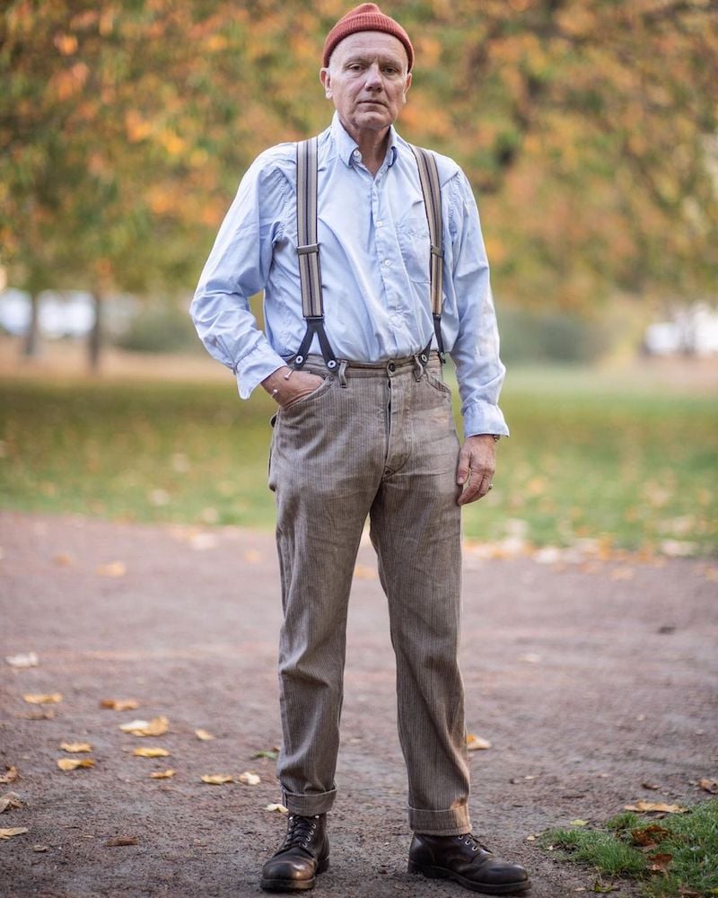 suit with red wing boots