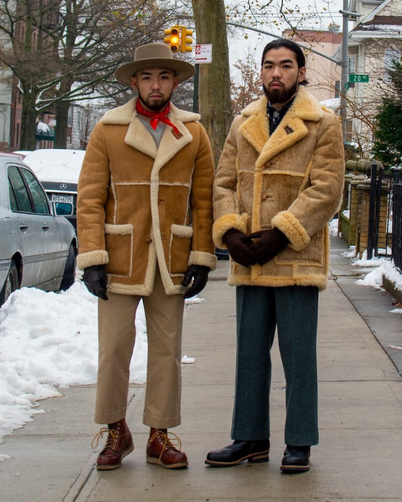Shearling jacket and red wing moc toe