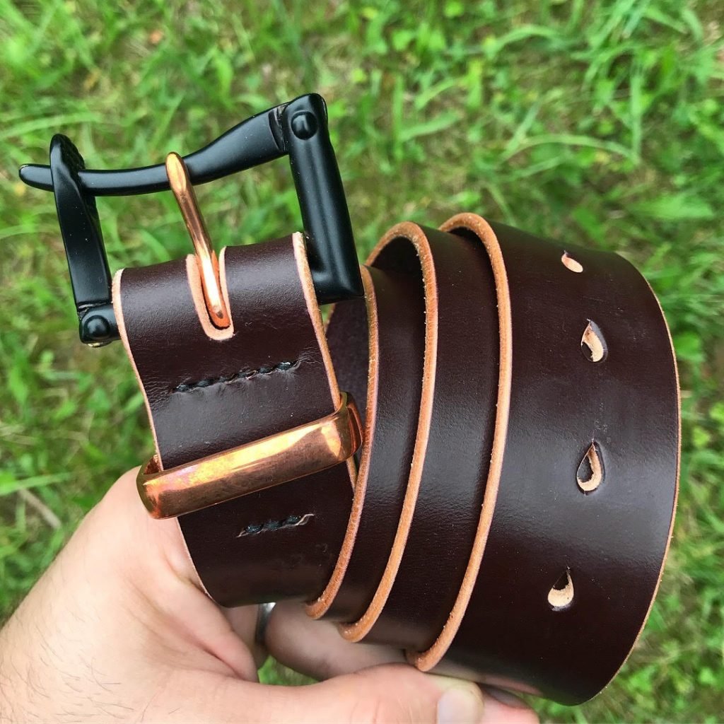 Burgundy Sedgwick single prong belt w: black buckle, copper keeper, copper prong, waxed Ritza Tiger thread instead of rivets