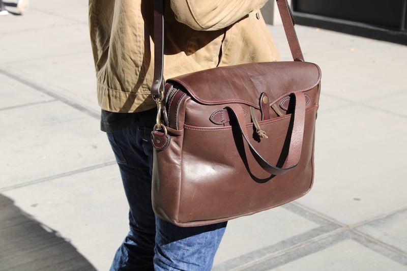 filson leather briefcase with jeans