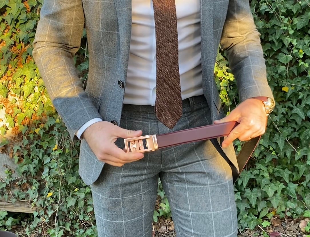 Anson cordovan belt with a suit