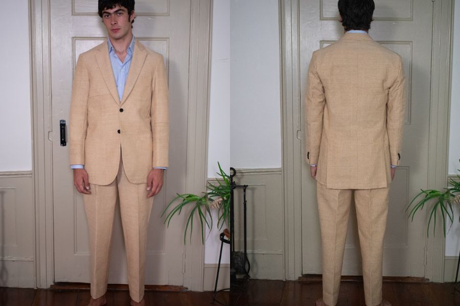 Post romantic tan hand loomed hand sewn cotton suit