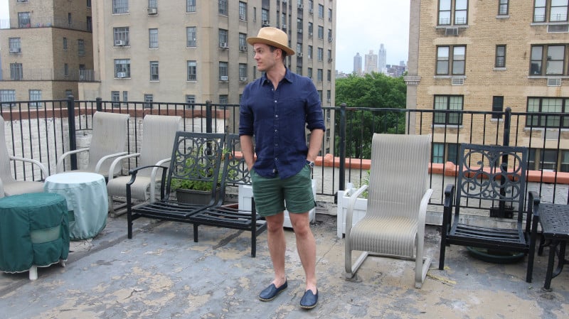 Alex Crane Linen Shorts Standing Up Blue top