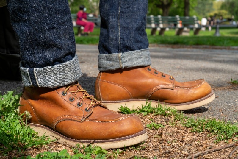 Red Wing 875 Moc Toe on feet, selvedge denim