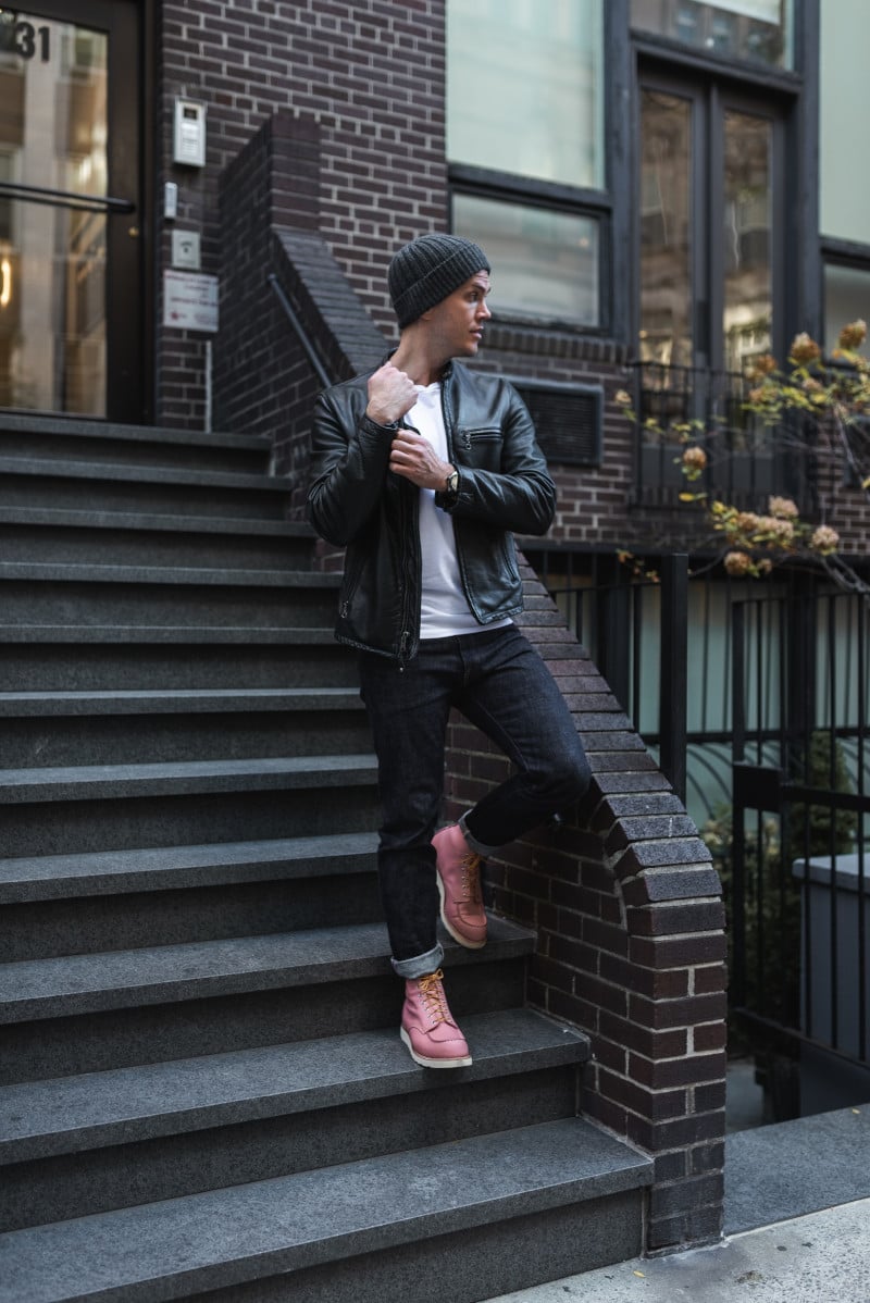 Pink Boot with white t-shirt, dark jeans, and a leather jacket