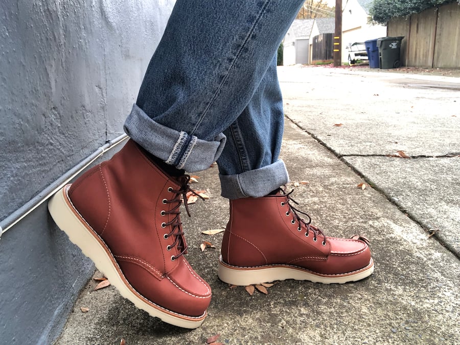 red wing women's moc toe boot on feet