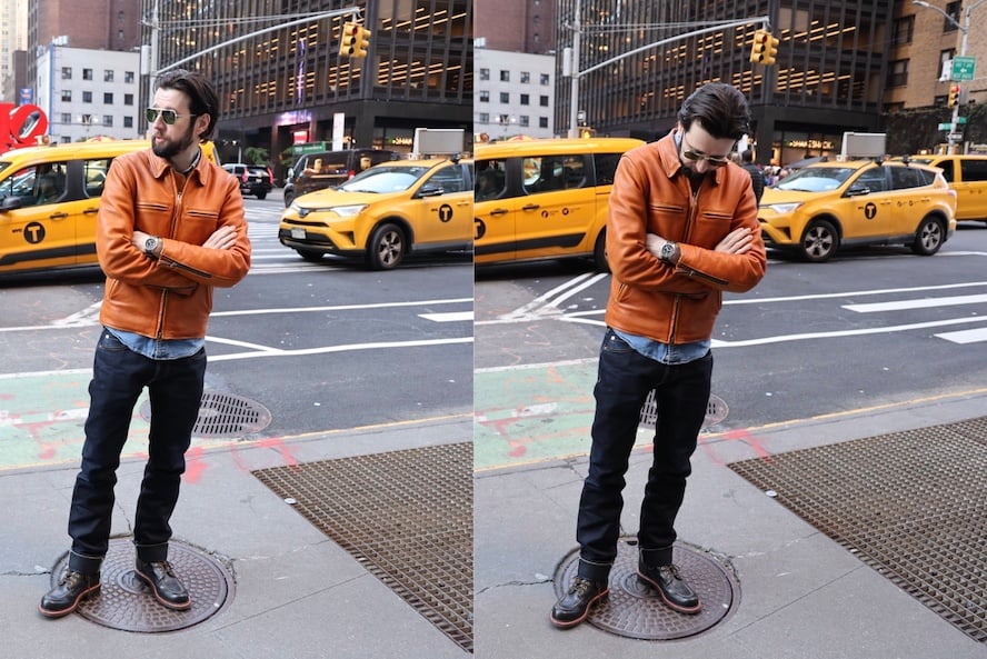 taylor stitch leather jacket, grant stone brass boots, iron heart jeans