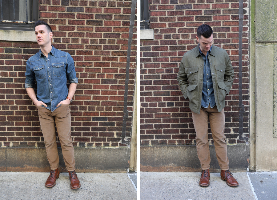 Left: Nick wearing a denim shirt, corduroy pants, and brown boots. Right: Nick wearing the same outfit but with a loose green jacket over top.