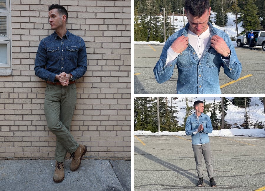 Left: Dark blue, green and brown earth tones. Right: Light washed denim, grey pants, white Henley, and black boots.