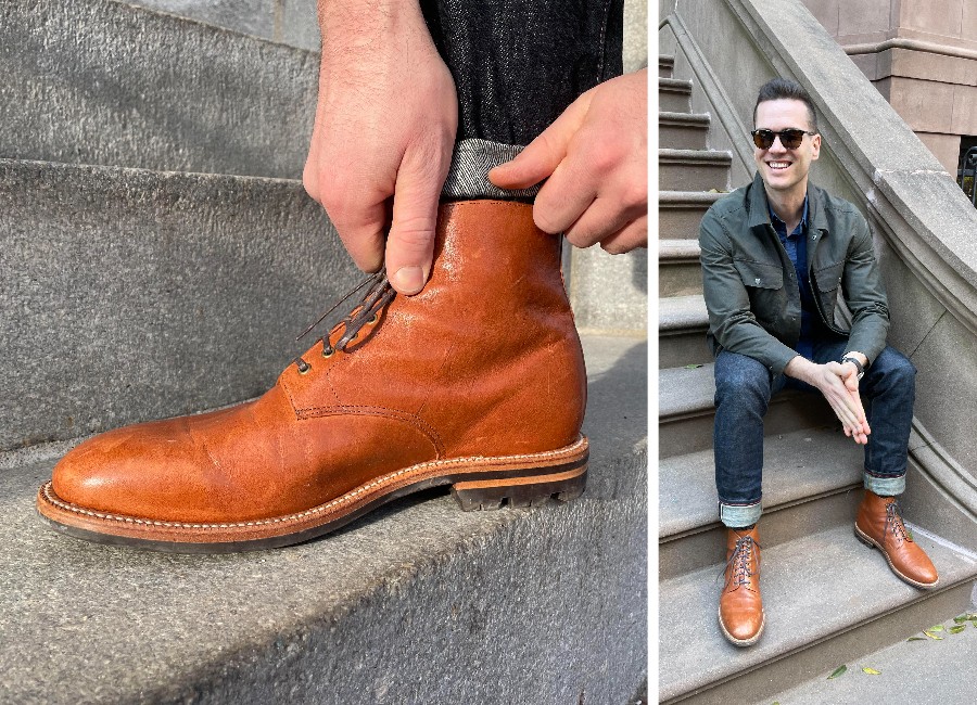 Left: edward boot close up. Right: Edward boot paired with a green jacket and selvedge denim