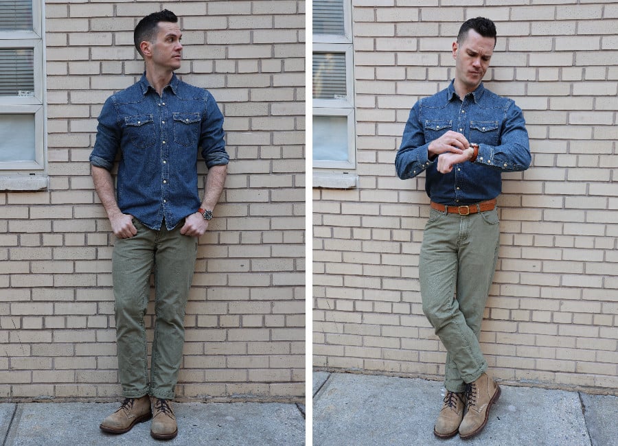 Left: Nick wearing Flint & Tinder's Bone Button Work Shirt, green pants, light brown leather boots, and an orange belt to tie it all together.