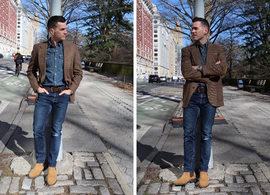 Tweed coat with a denim shirt, darker denim pants, and light suede chelsea boots