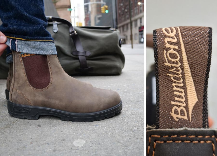 blundstone boots and pull tab with logo