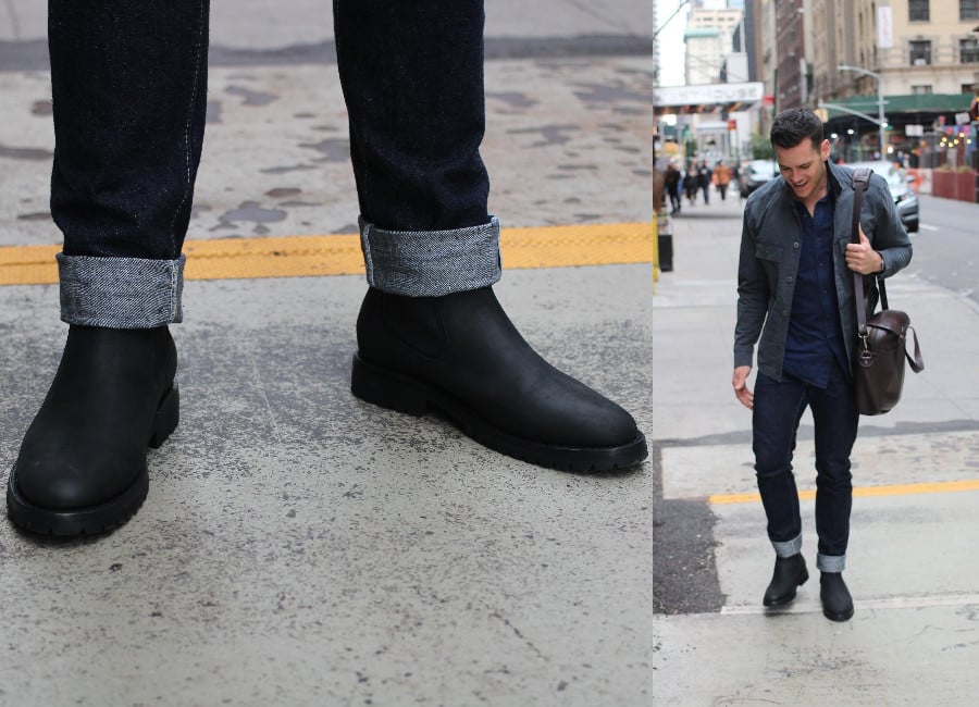 Nick wearing Thursday's Legend Chelsea boots in lback matte leather with selvedge denim and a black leather jacket