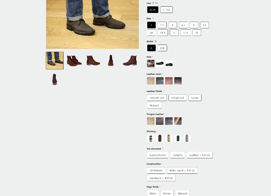 Screenshot of Cordobes website with made to order customization options