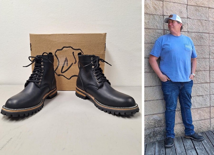 Left: brand new Cordobes Service boots. Right: Our reviewer Jeff wearing the boots with jeans and T-shirt