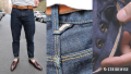 raleigh denim blue jeans with loafers, back buckle loop, front button fly and selvedge tag