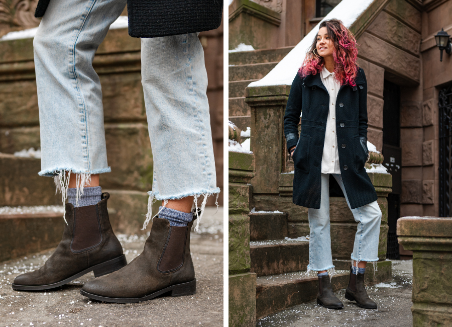 Left: a close up of Thursday Duchess boots; Right: A women with pink highlights, standing in front of red stone stairs wearing a black coat, white blouse, stonewashed light blue denim jeans, and Thursday's Duchess chelsea boots in Green Olive suede