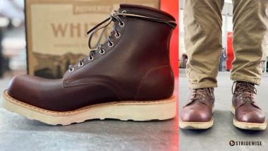 whites spingdale review featured image; close up profile of a wedge sole boot with dark well oiled leather