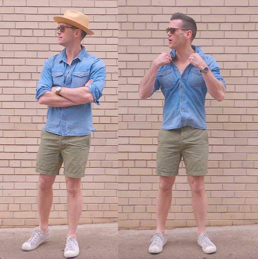 denim shirt outfit for the summer with straw hat