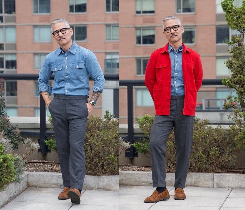 Flint tinder denim shirt wool trousers loafers