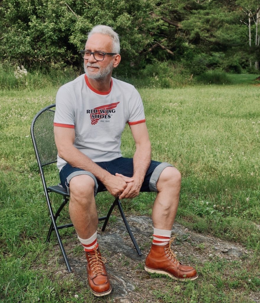 Red wing moc toe boots with shorts