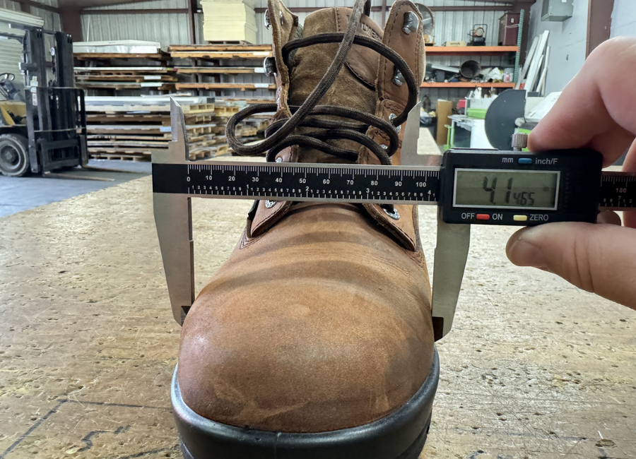 measuring the durashock's toe box width with calipers