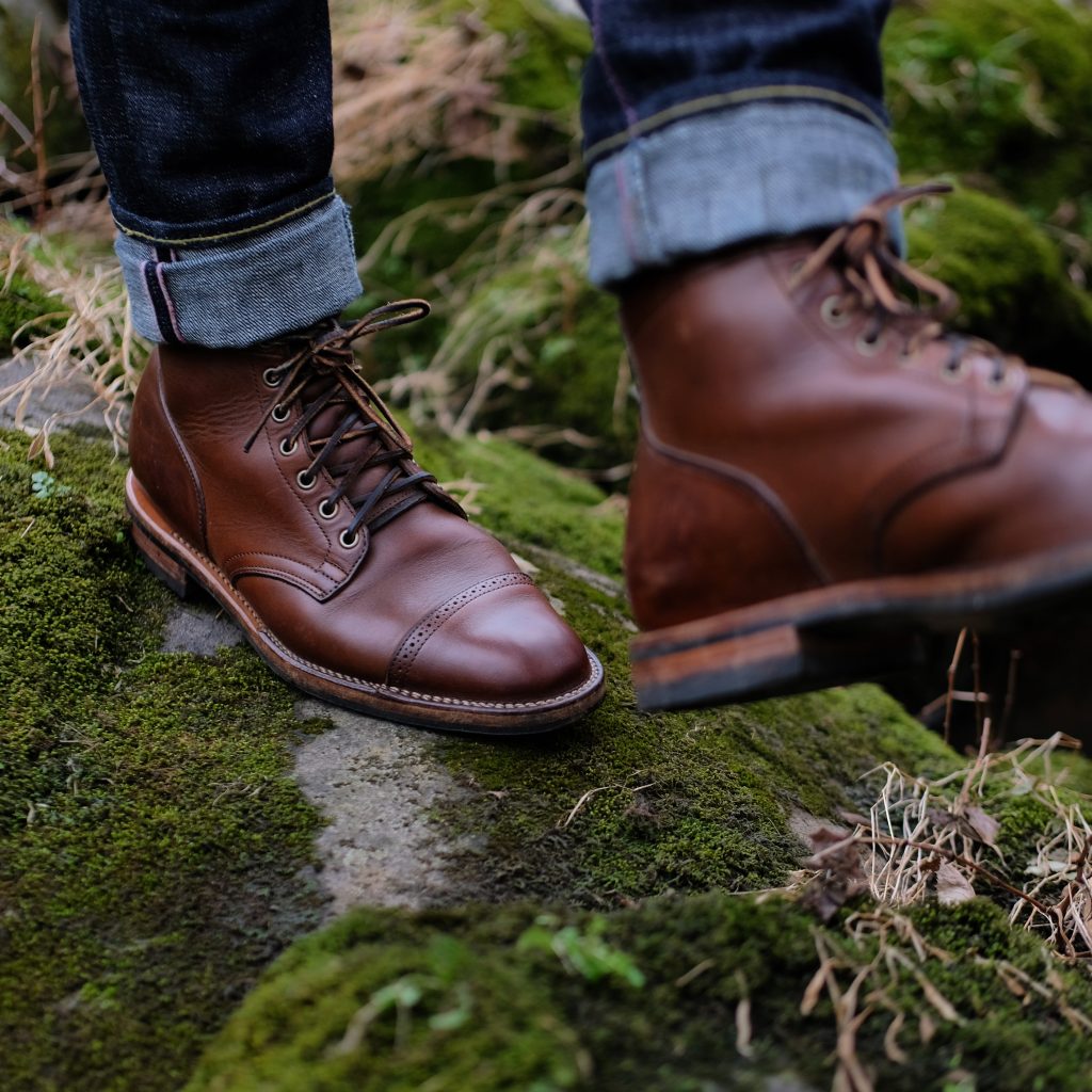 Viberg Service Boot on a mossy rock in use