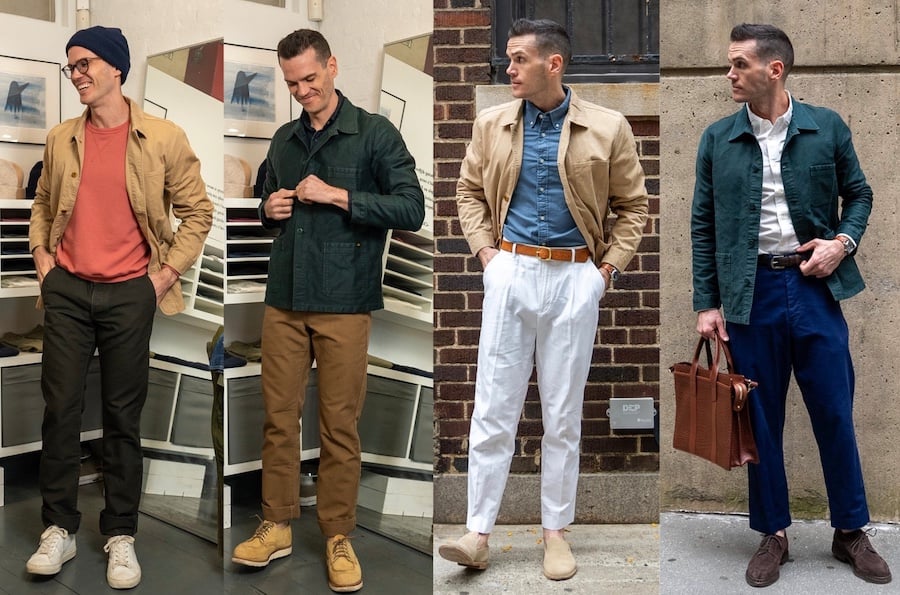 four outfits made with chore coats