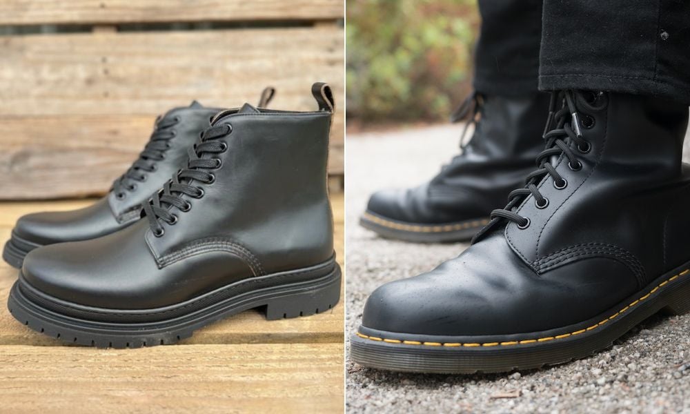 left: new goral's no wrinkling on the leather. Right new doc martens with the yellow welt stitching and signature soles