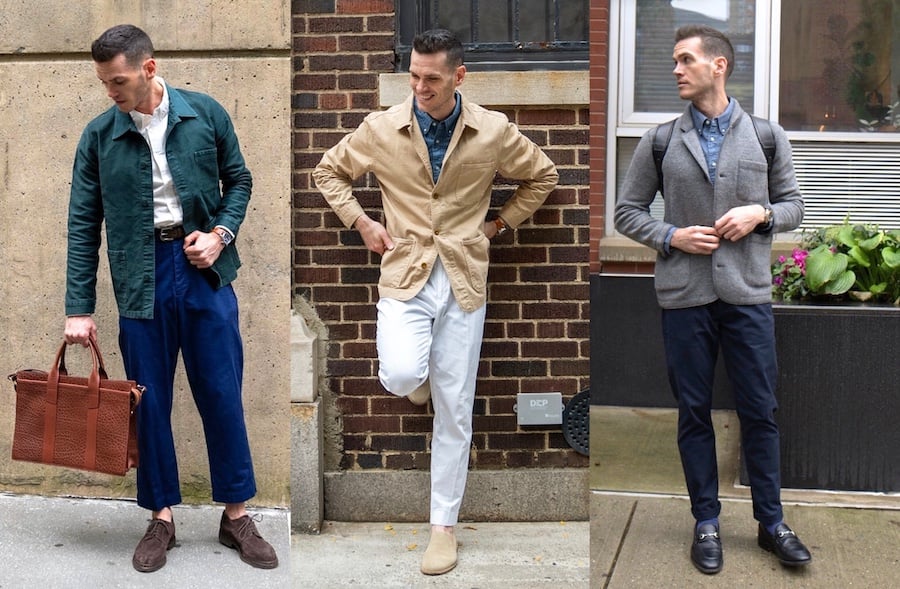 three men modeling chore coats in smart casual ways