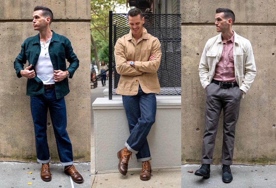 three workwear outfits with chore coats