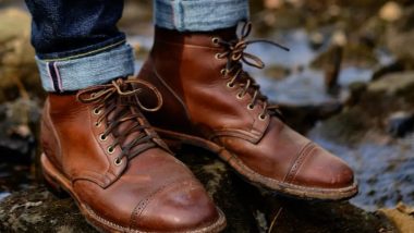 Viberg lost and found collab boot on a rock in nature