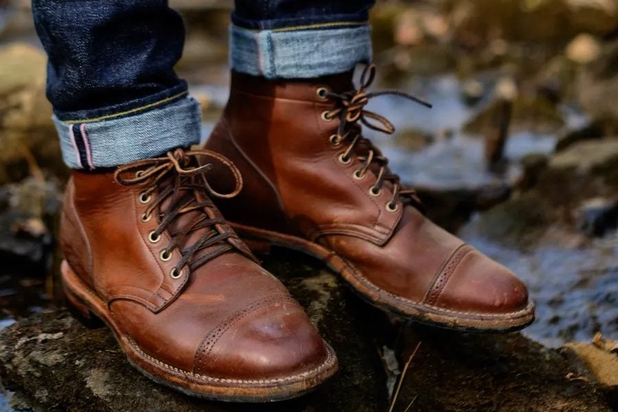 Viberg lost and found collab boot on a rock in nature