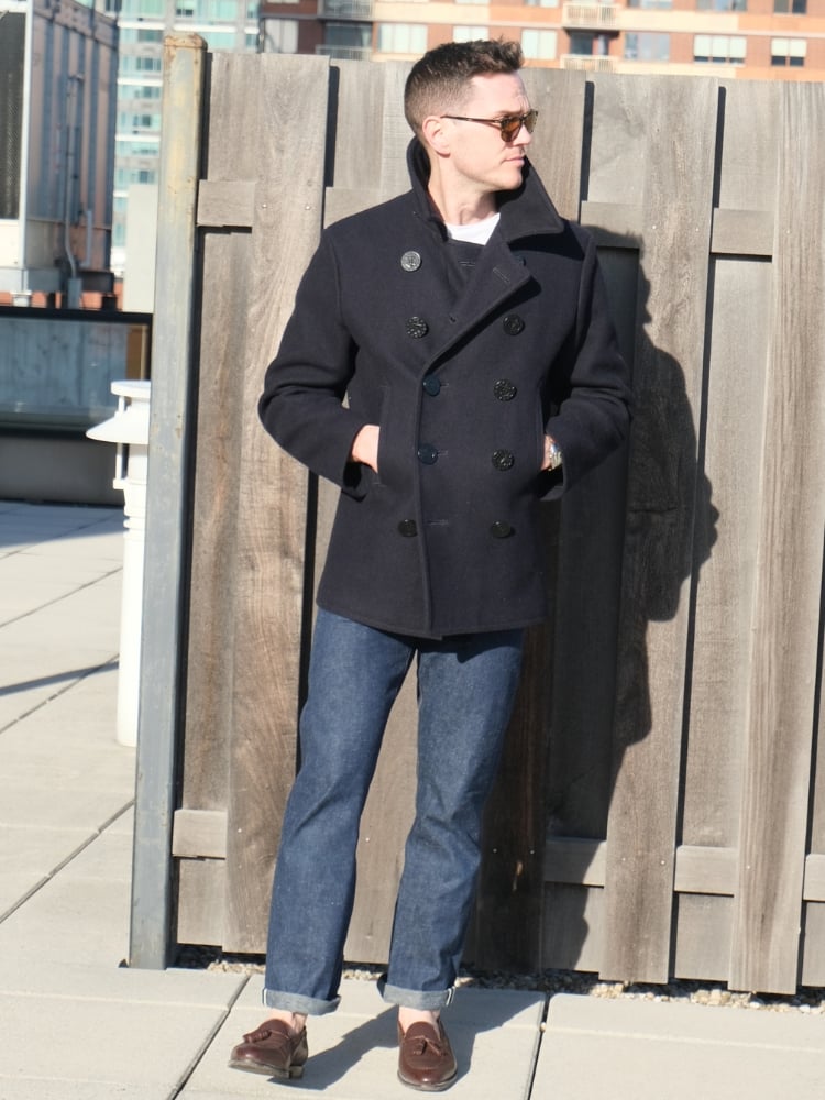 Loafers fit jeans pea coat