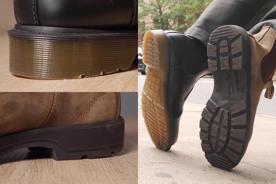 Close up collage view of blundstone 585 vs dr martens