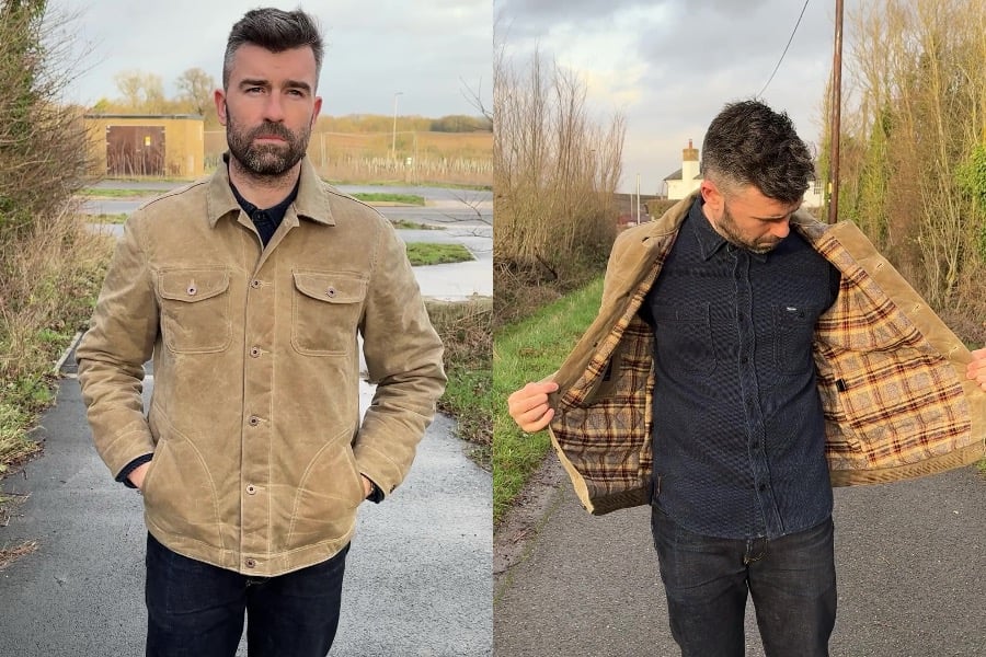 author wearing Flannel-Lined Quilted Waxed Rancher from Flint and Tinder