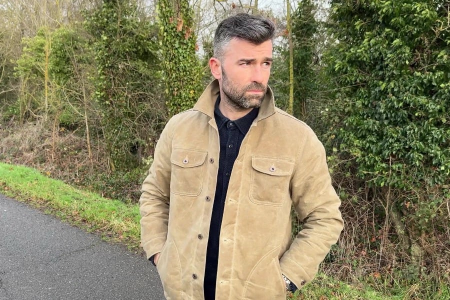 author wearing Flannel-Lined Quilted Waxed Rancher from Flint and Tinder