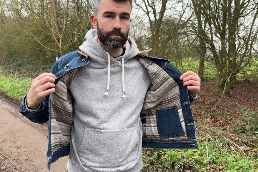 author showing Denim Trucker Jacket's lining