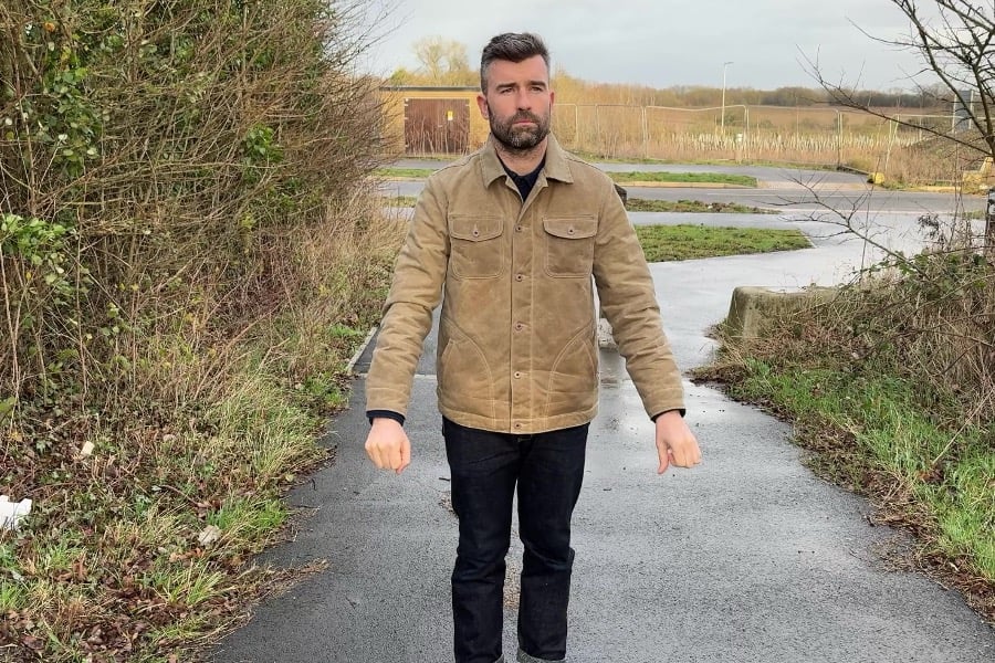 author wearing Flannel-Lined Quilted Waxed Rancher from Flint and Tinder