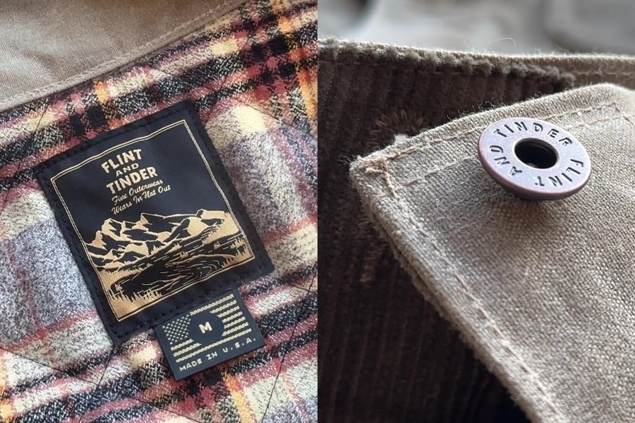close up view of the tag and cuff of Flannel-Lined Quilted Waxed Rancher from Flint and Tinder
