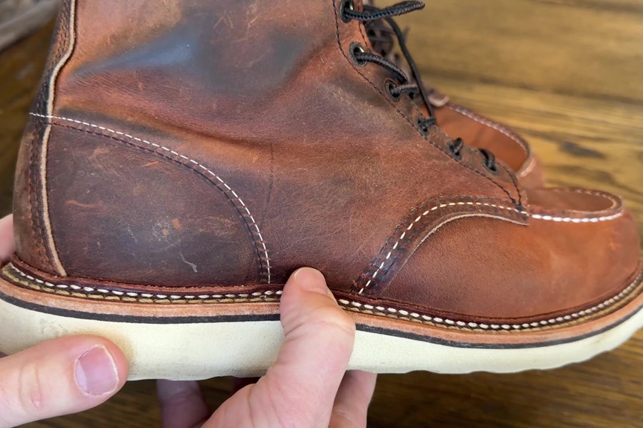 Red wing 1907 patina from raw denim jeans