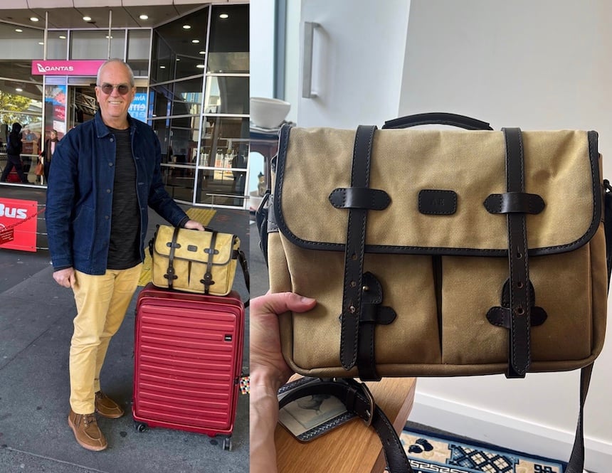 my dad wearing grant stone ottawa boots, a canvas jacket, and a cotton twill messenger bag from Cravar.