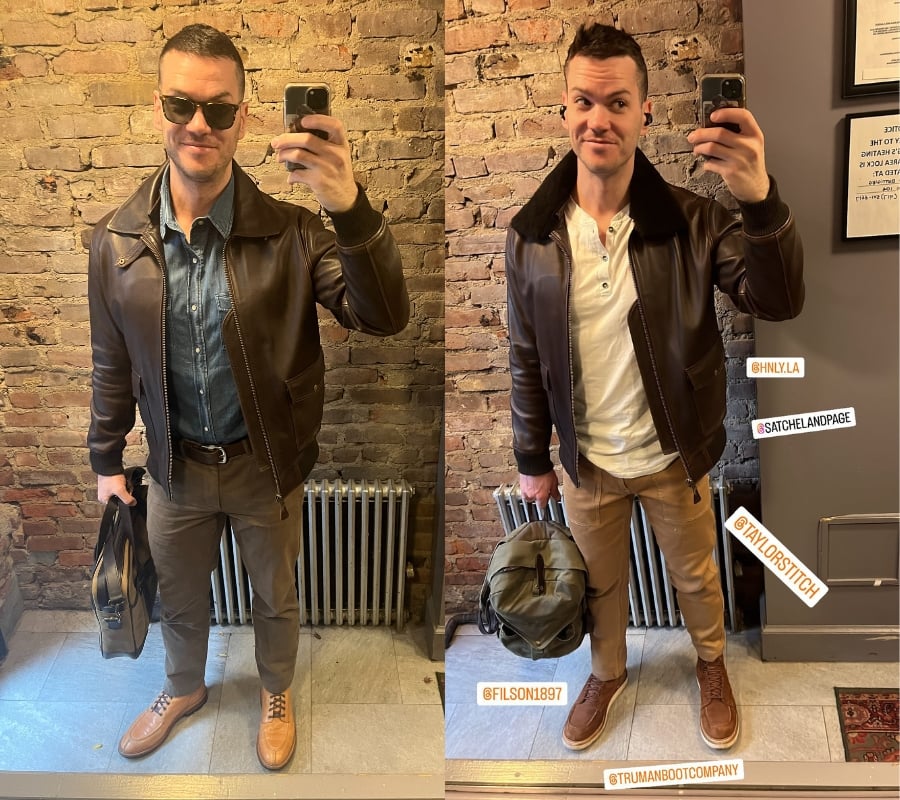 Satchel page leather bomber jacket collar