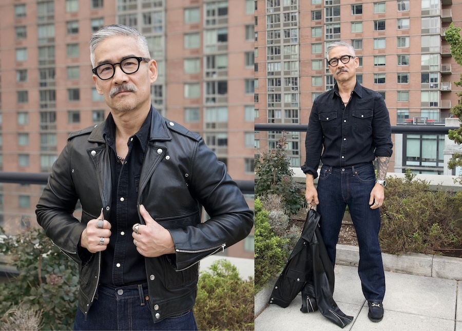 Black denim cowboy shirt and leather jacket and loafers