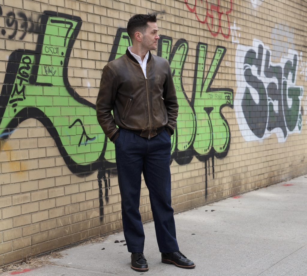Denim trousers leather jacket