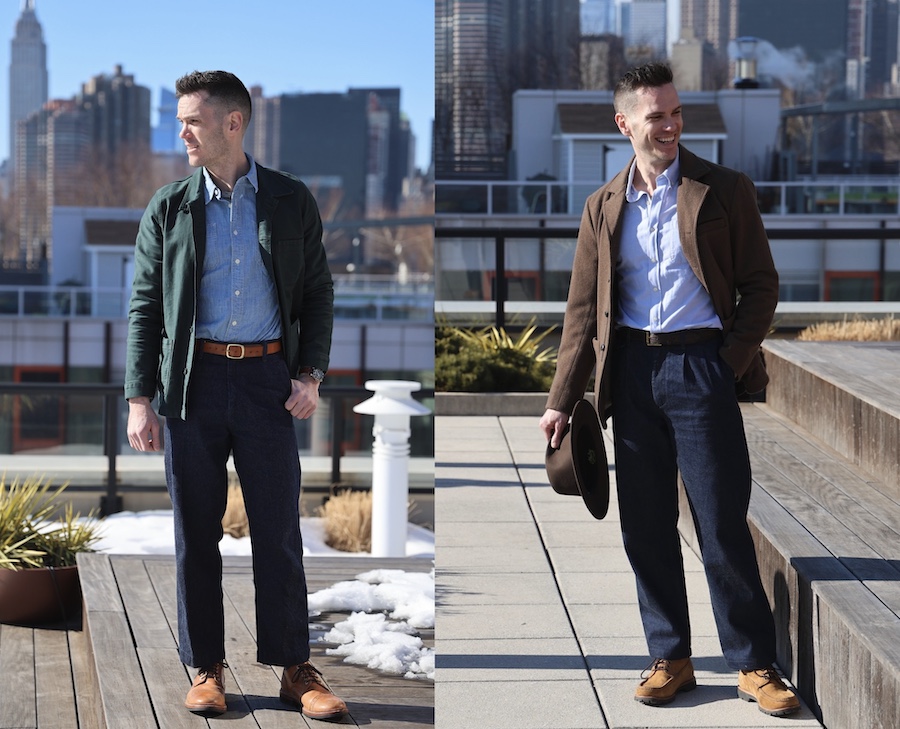 French workwear outfits denim trousers