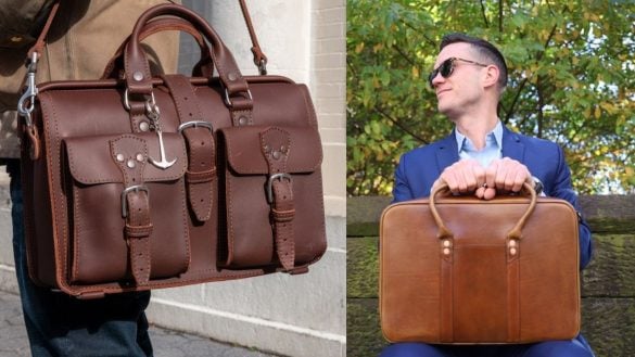 Best leather briefcases for men, Satchel & Page Counselor on the right, and Saddleback Pilot on the left
